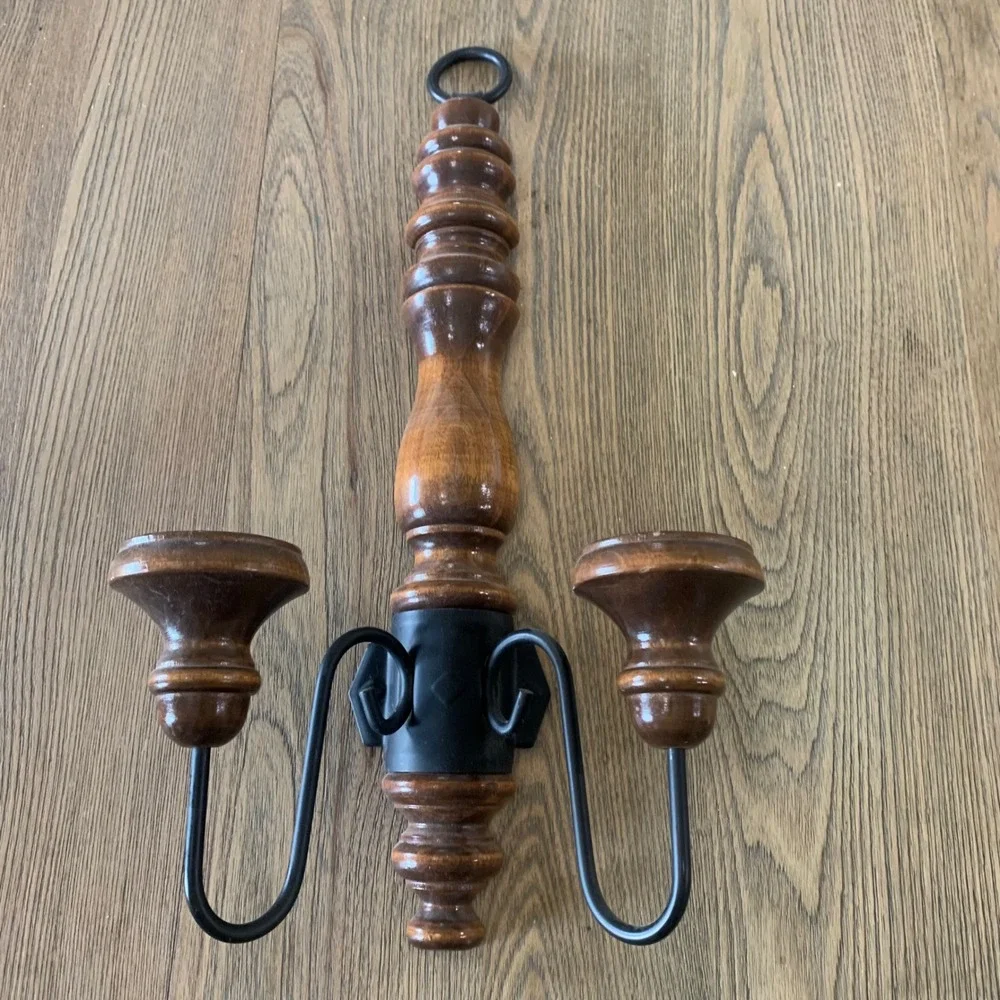 Vintage Wood Spindle Wall Sconce Set 2 Black Metal Arms Colonial Farmhouse